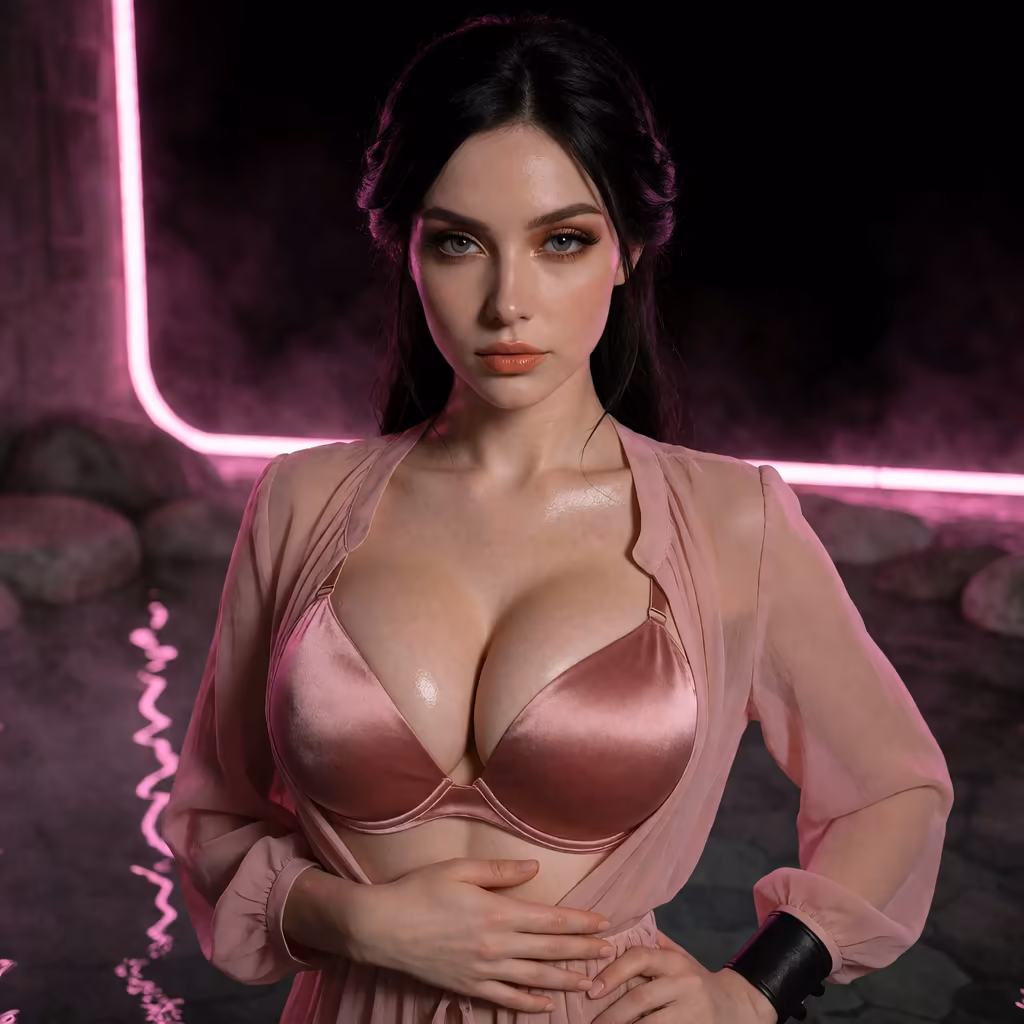 sexting images — a character portrait shot in a hotspring setting
