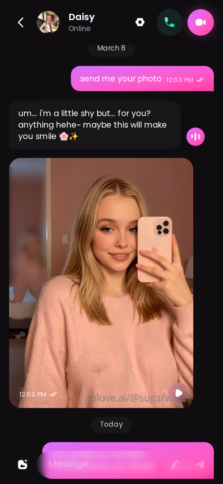 Full GoLove.ai mobile chat thread with an in-chat photo request and the image delivered inline