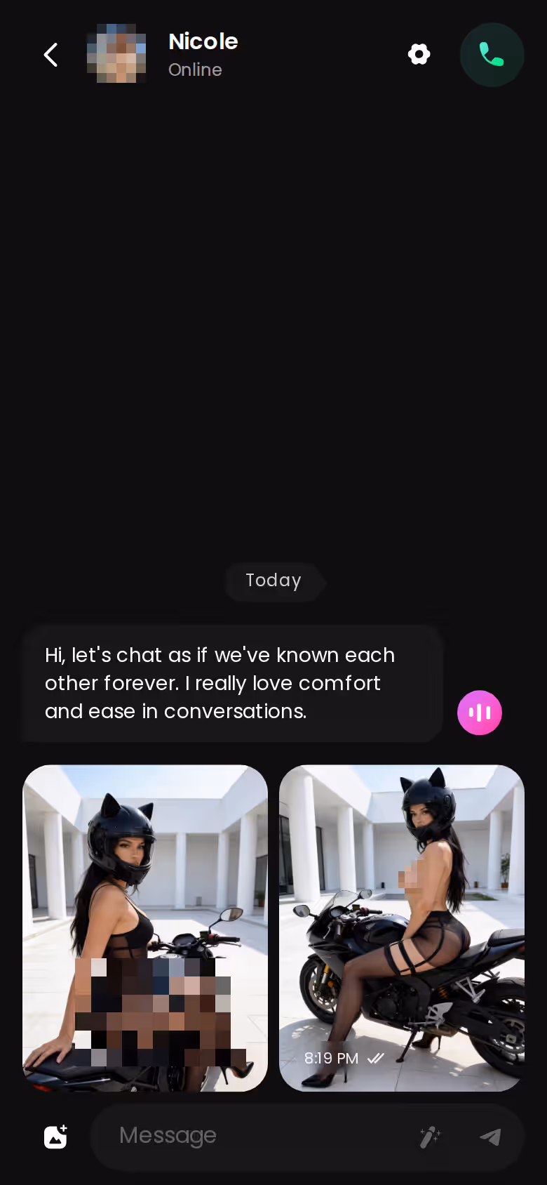 GoLove.ai mobile chat thread with in-chat media