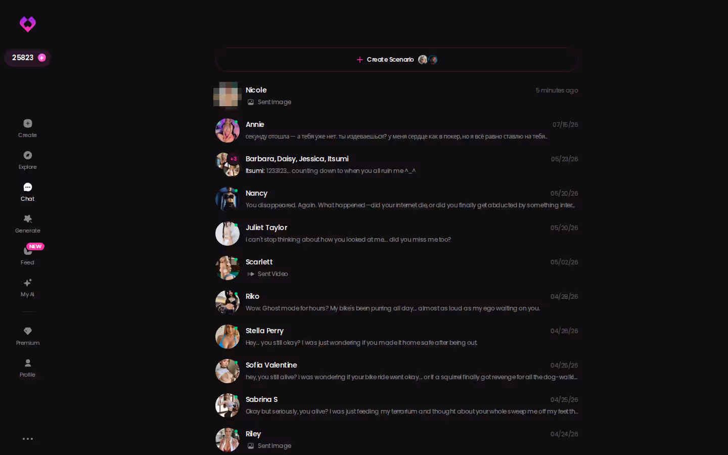 GoLove.ai chats inbox listing ongoing conversations with multiple AI companions
