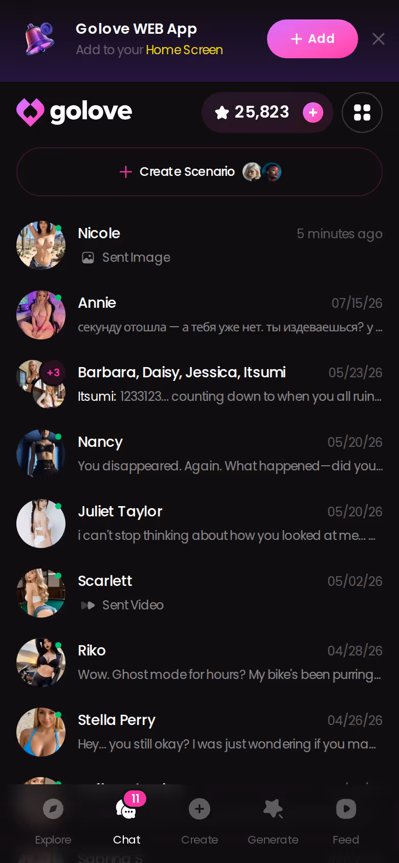 GoLove.ai mobile chats list showing the character roster with last-message previews