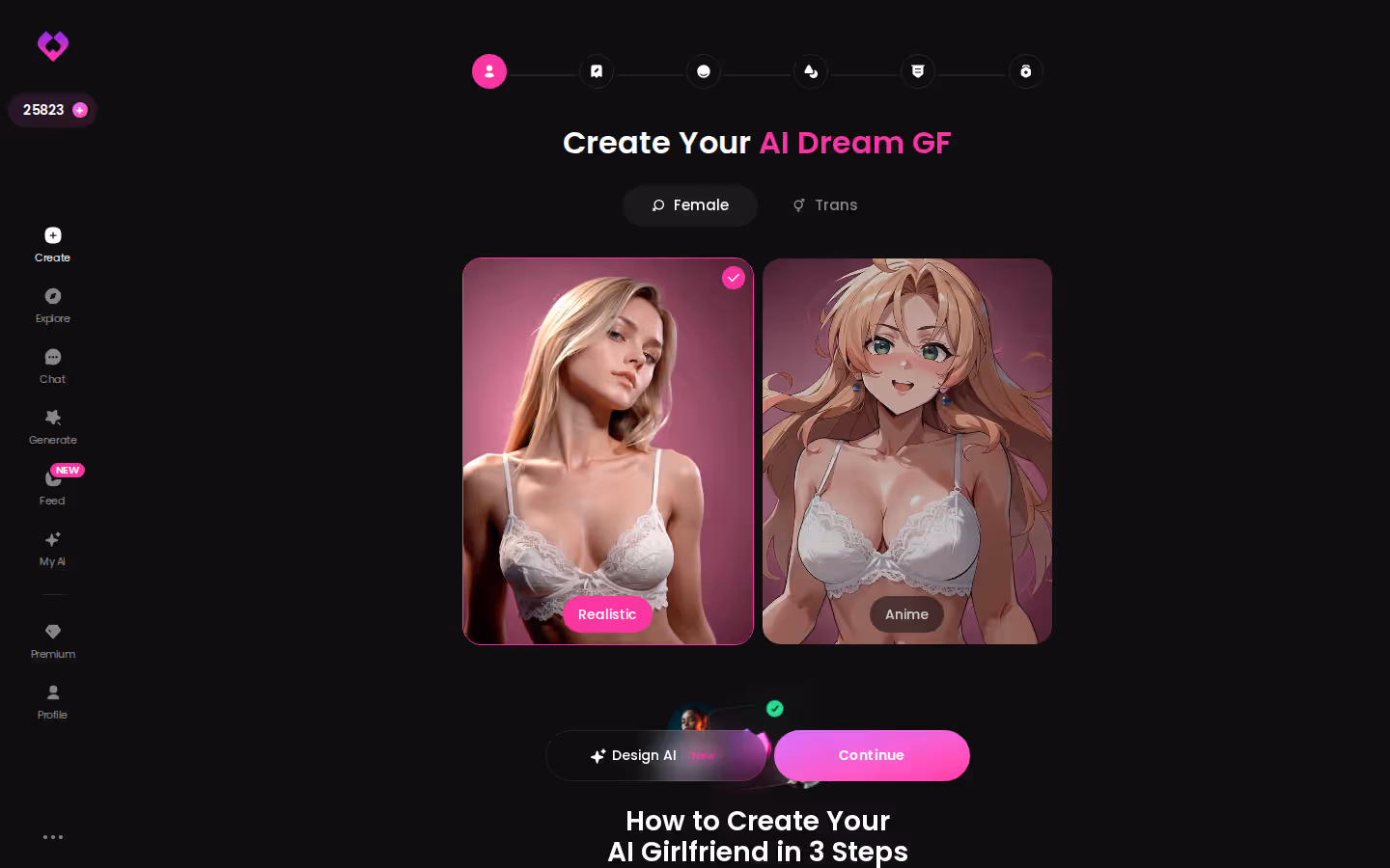 GoLove.ai create wizard start screen with Realistic, Anime, and Trans categories