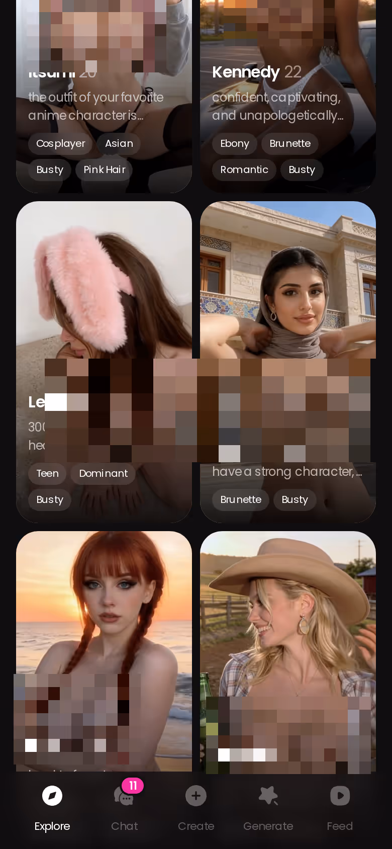 GoLove.ai Explore page on mobile showing realistic AI characters ready to chat
