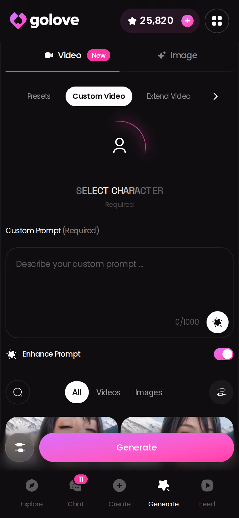GoLove.ai mobile video generator with preset action, clothes, and background cards