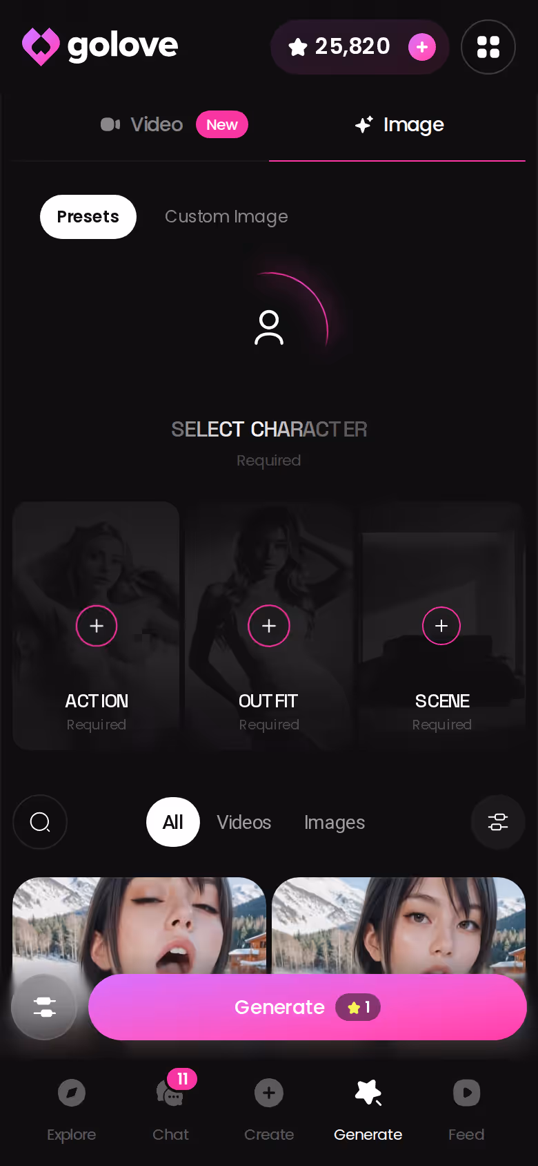 GoLove.ai mobile Image mode — clean, ad-free generator interface