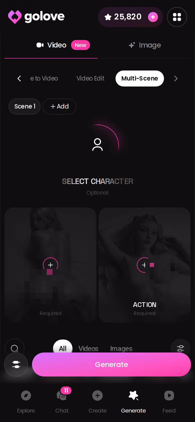 GoLove Multi Scene on mobile chaining several clips of one character